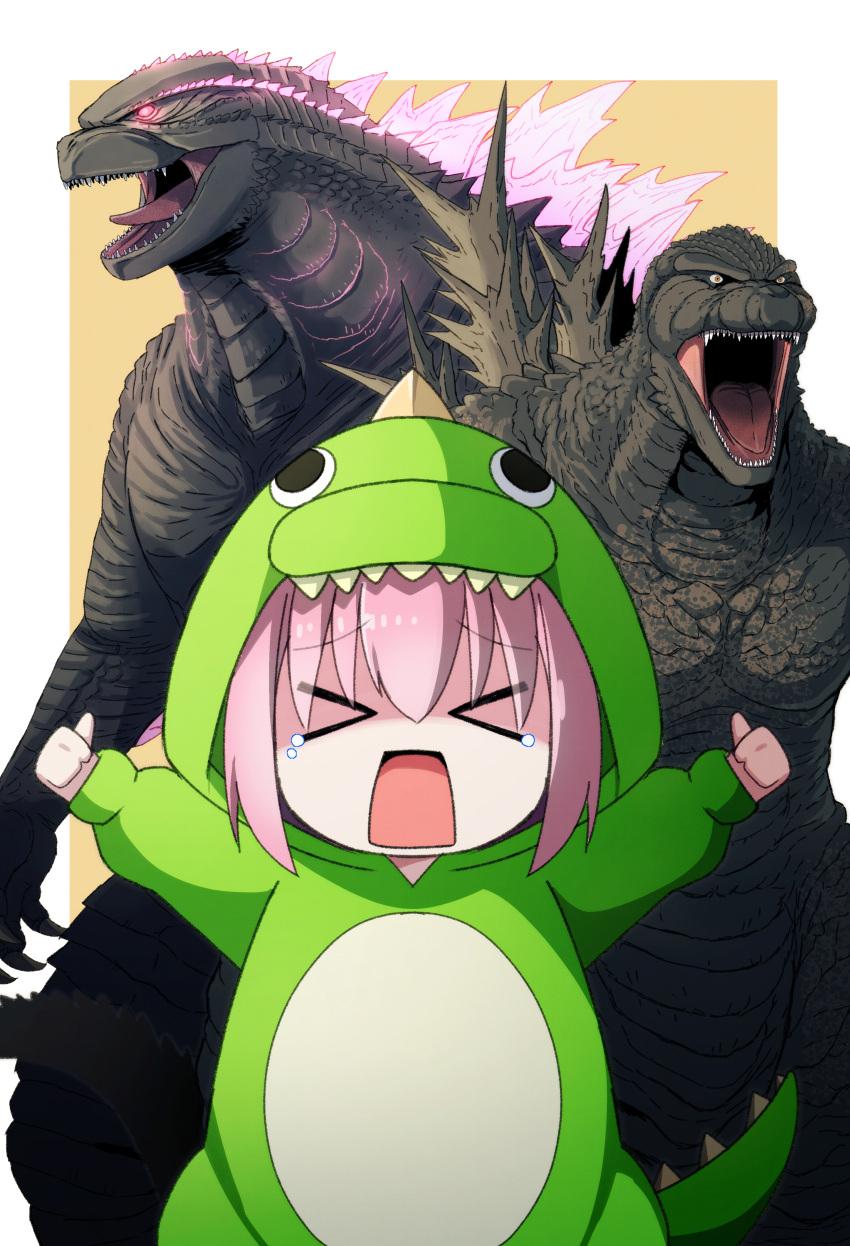 >_<, 1girl, absurdres, dinosaur_costume, double_thumbs_up, giant, giant_monster, godzilla