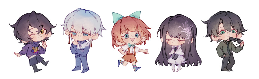2girls, 3boys, :3, absurdres, aqua_bow, aqua_bowtie, black_gloves, black_hair