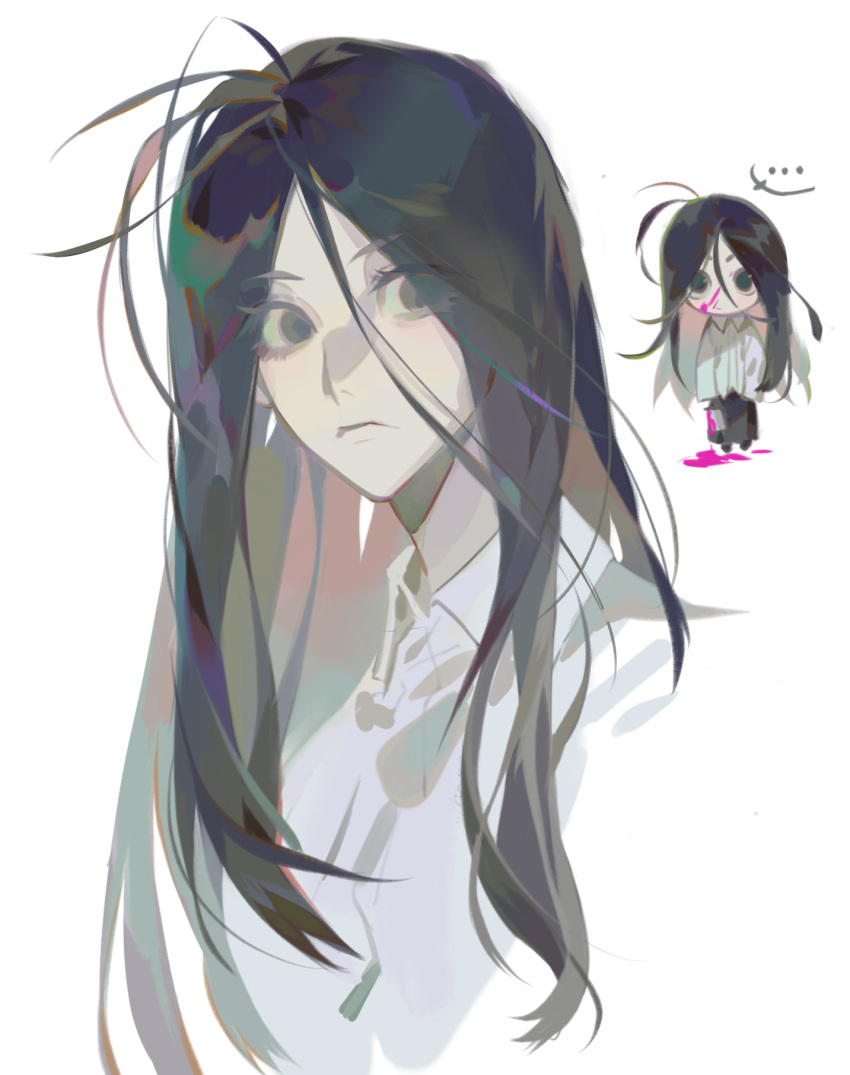 ..., 1girl, black_eyes, black_hair, black_pants, blood, blood_on_face, blood_on_weapon