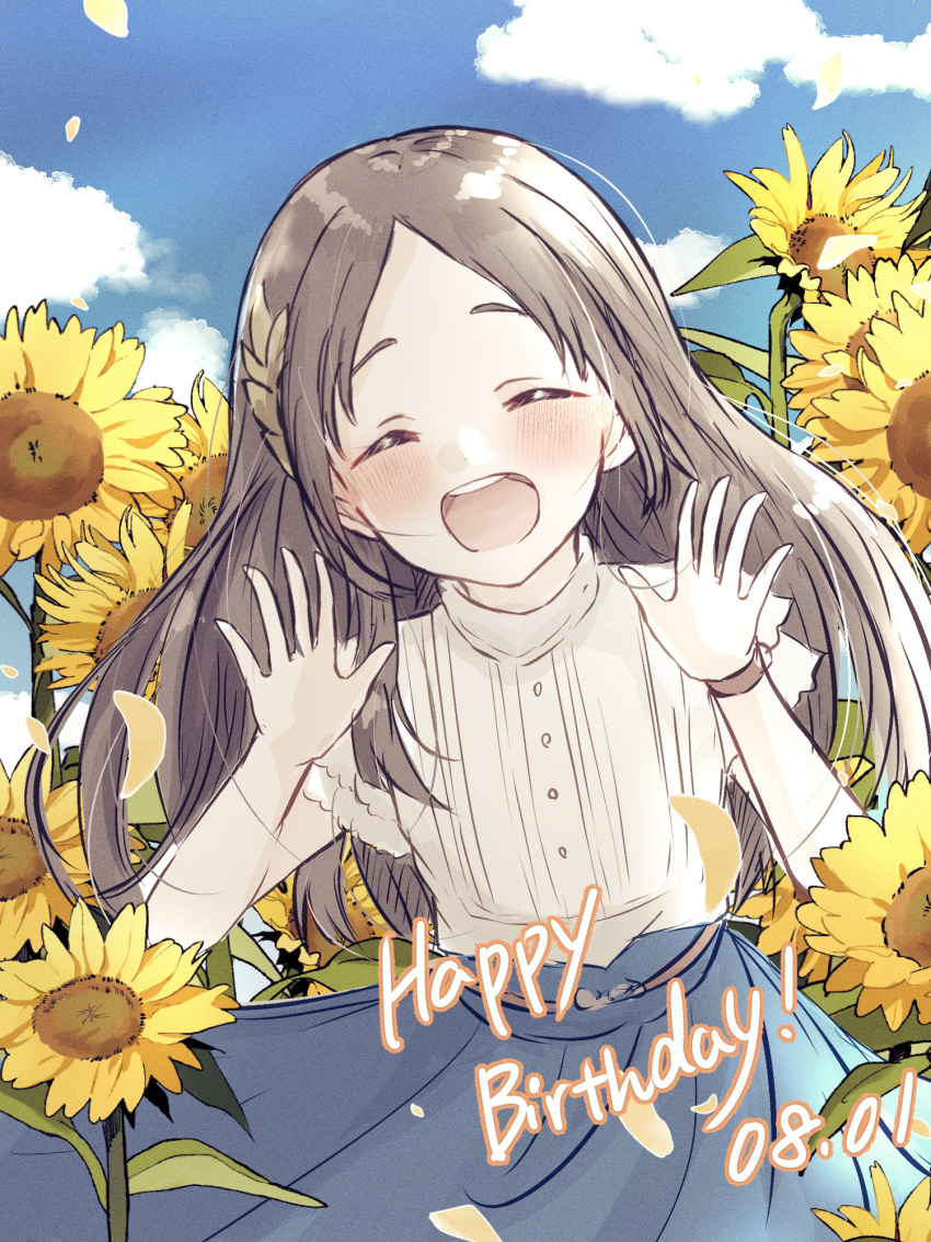 1girl, :d, baran._(ba_ra_ran), blue_skirt, blue_sky, blush, bracelet, brown_hair, closed_eyes, clouds, cloudy_sky, cowboy_shot, dated, facing_viewer, falling_petals, field, flower, flower_field, forehead, gakuen_idolmaster, hair_ornament, happy_birthday, high-waist_skirt, highres, idolmaster, jewelry, kuramoto_china, leaning_to_the_side, open_hands, open_mouth, parted_bangs, petals, shirt, shirt_tucked_in, short_sleeves, skirt, sky, smile, solo, sunflower, sunflower_field, teeth, upper_teeth_only, white_shirt