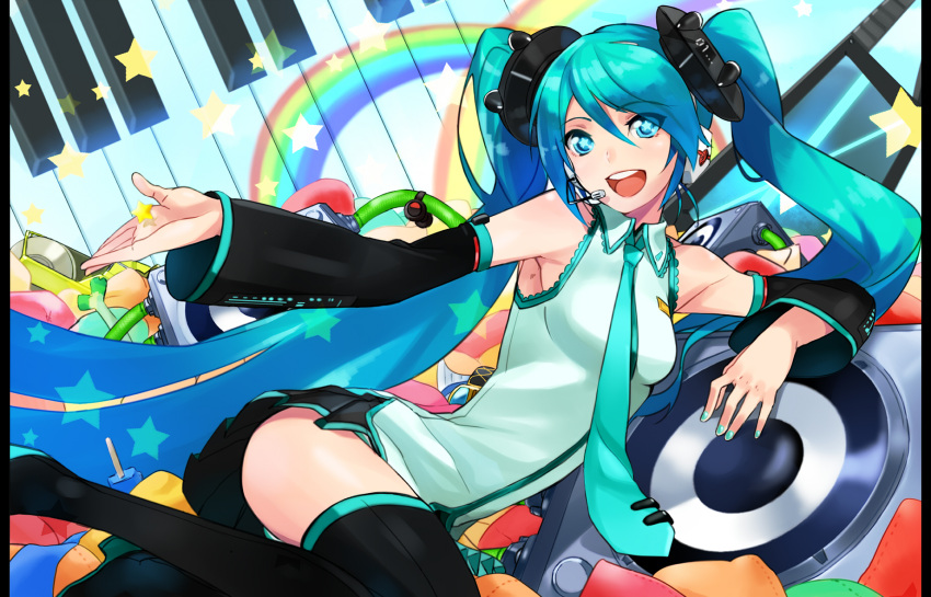 7g, aqua_eyes, aqua_hair, arched_back, artist_request, detached_sleeves, hands, hatsune_miku, headphones, headset, highres, long_hair, nail_polish, nana_g, necktie, on_side, sitting, skirt, smile, solo, speaker, star, symbol-shaped_pupils, thigh-highs, thighhighs, twintails, very_long_hair, vocaloid, zettai_ryouiki