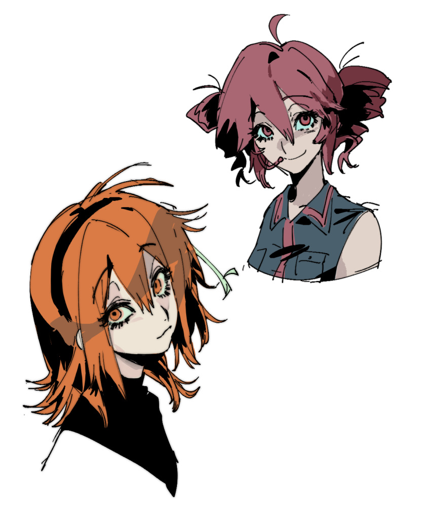 2girls, a.i._voice, adachi_rei, ahoge, black_hairband, black_shirt, chinese_commentary, closed_mouth