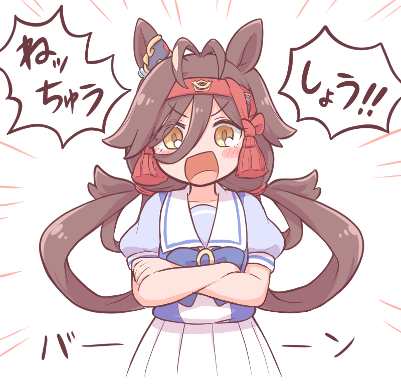 1girl, animal_ears, antenna_hair, blunt_tresses, blush_stickers, bow, brown_hair, cowboy_shot