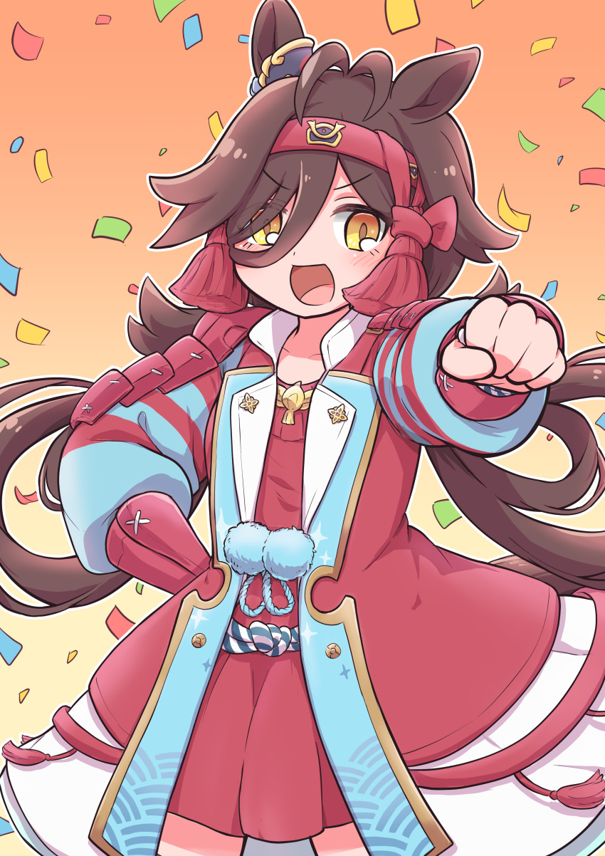 1girl, absurdres, animal_ears, antenna_hair, armor, blue_jacket, breasts, brown_hair