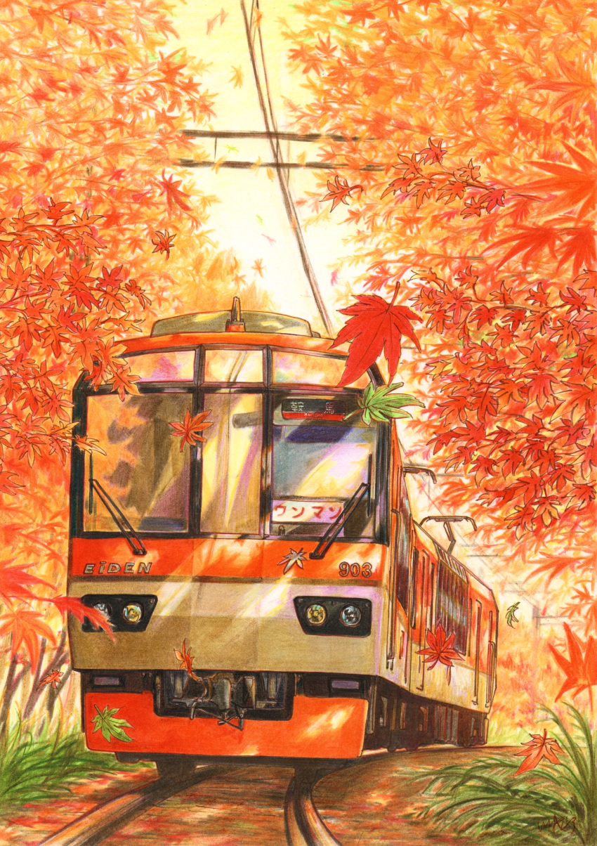 absurdres, autumn_leaves, colored_pencil_(medium), commentary_request, day, falling_leaves, grass, highres