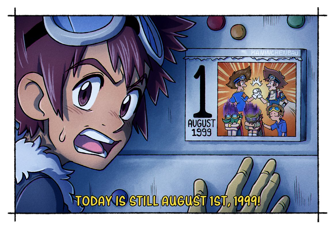 1999, 6+boys, ahoge, blue_hoodie, brown_eyes, comforting, digimon, digimon_adventure