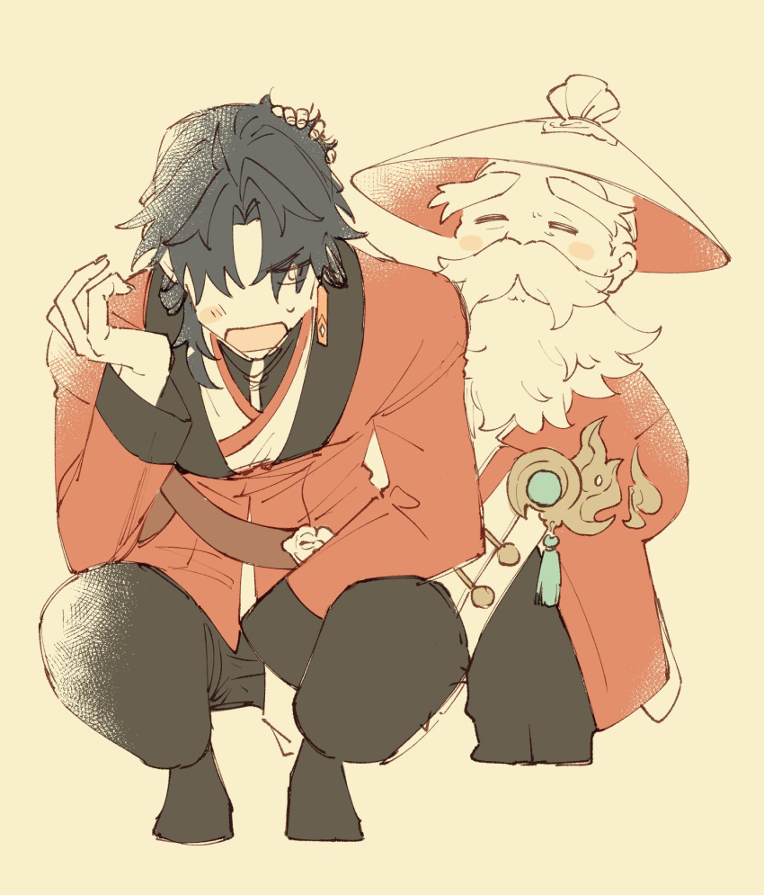 2boys, :d, ^_^, angry, artisanship_commission_uniform_(honkai:_star_rail), beard, black_hair, black_pants, blade_(honkai:_star_rail), closed_eyes, comforting, earrings, facial_hair, furrowed_brow, hair_bun, hat, headpat, highres, honkai:_star_rail, honkai_(series), huaiyan_(honkai:_star_rail), jacket, jewelry, long_beard, male_focus, multiple_boys, mustache, old, old_man, open_mouth, pants, red_jacket, rice_hat, simple_background, single_earring, smile, sorako_(yoshida_t), squatting, tassel, white_hair