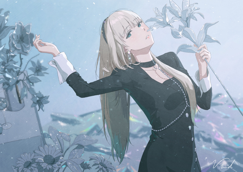 1girl, arm_up, black_choker, black_dress, blonde_hair, blue_eyes, blunt_bangs, choker