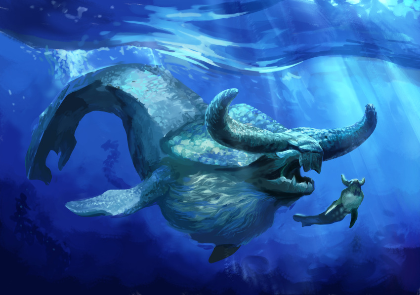 animal_focus, ceadeus, fins, full_body, highres, horns, light_rays, monster