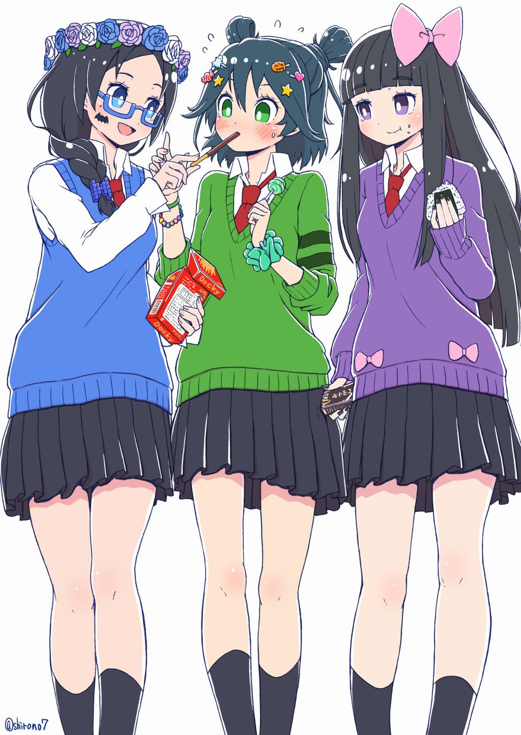 3girls, :d, alternate_costume, bead_bracelet, beads, black_hair, black_nails, black_skirt, black_socks, blue-framed_eyewear, blue_eyes, blue_flower, blue_hair, blue_rose, blue_sweater_vest, blunt_bangs, blush, bow, box, bracelet, braid, breasts, bright_pupils, candy, candy_hair_ornament, closed_mouth, collared_shirt, commentary_request, double_bun, eating, facial_mark, feet_out_of_frame, fingernails, flower, food, food-themed_hair_ornament, food_in_mouth, food_on_face, gems_company, ghost_hair_ornament, glasses, green_eyes, green_scrunchie, green_sweater, hair_between_eyes, hair_bow, hair_bun, hair_ornament, hair_over_shoulder, hand_up, hands_up, hase_mikoto, head_wreath, heart, heart_hair_ornament, highres, hime_cut, holding, holding_box, holding_candy, holding_food, holding_lollipop, holding_pocky, jack-o'-lantern, jack-o'-lantern_hair_ornament, jewelry, large_bow, lollipop, long_hair, long_sleeves, looking_at_another, looking_down, looking_to_the_side, medium_breasts, miniskirt, mole, mole_under_eye, multiple_girls, nail_polish, necktie, onigiri, open_collar, open_mouth, otowa_shizuku, parted_bangs, pink_bow, pink_flower, pink_nails, pink_rose, pleated_skirt, pocky, pocky_in_mouth, purple_sweater, raised_eyebrows, red_necktie, rice, rice_on_face, rose, scrunchie, semi-rimless_eyewear, shirono, shirono_yuzuki, shirt, short_hair, sidelocks, simple_background, single_braid, skirt, sleeves_past_elbows, sleeves_past_wrists, small_breasts, smile, socks, standing, star_(symbol), star_hair_ornament, sweater, sweater_vest, thick_eyelashes, turning_head, twitter_username, under-rim_eyewear, violet_eyes, walking, white_background, white_flower, white_pupils, white_rose, white_shirt, wrist_scrunchie