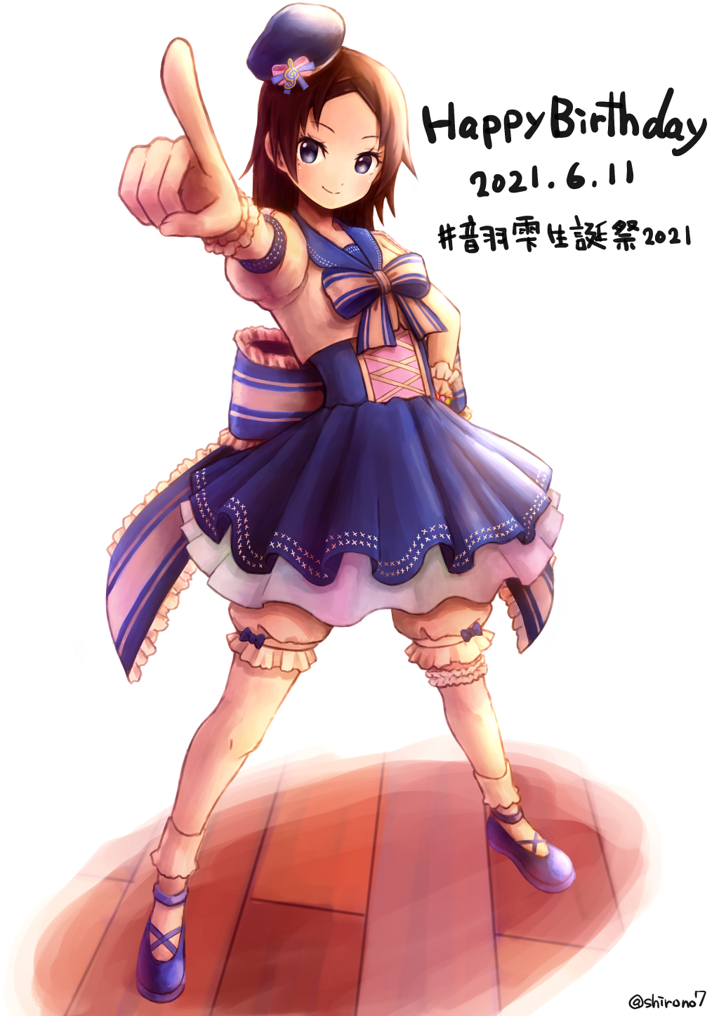 1girl, ankle_strap, back_bow, black_hair, bloomers, blue_bow, blue_dress, blue_eyes