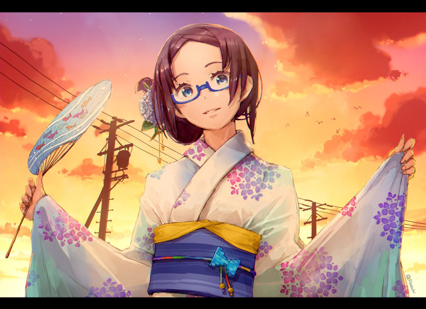 1girl, alternate_costume, alternate_hairstyle, bird, blue-framed_eyewear, blue_eyes, blush, brown_hair
