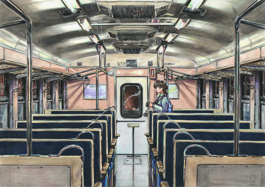 1girl, absurdres, backpack, bag, brown_hair, camera, closed_mouth, colored_pencil_(medium)