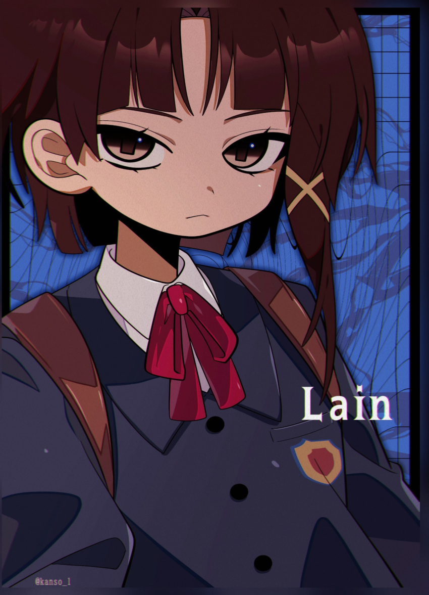 1girl, absurdres, backpack, bag, brown_eyes, brown_hair, character_name, closed_mouth, hair_ornament, highres, iwakura_lain, kansou_(kanso_1), long_sleeves, looking_at_viewer, red_ribbon, ribbon, school_uniform, serial_experiments_lain, short_hair, solo, x_hair_ornament