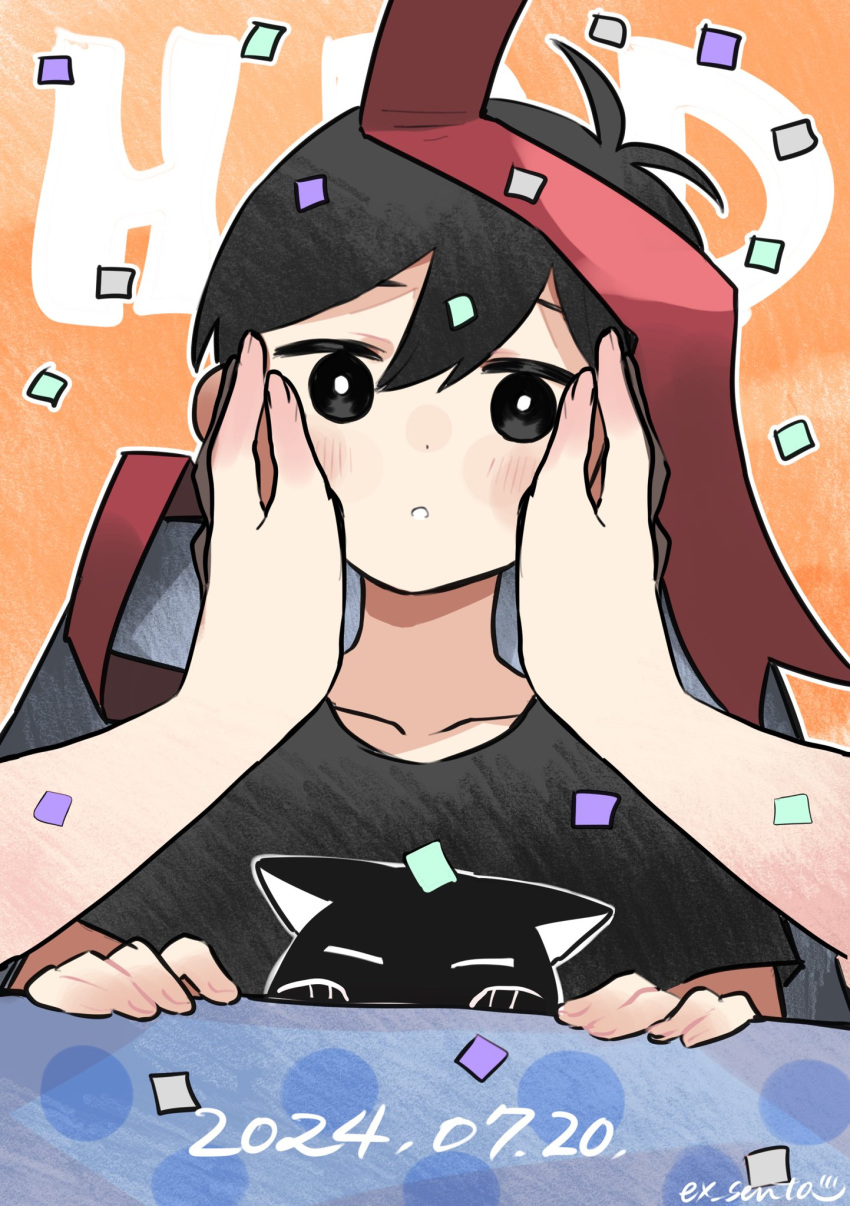 1boy, 6f6d6f7269, black_eyes, black_hair, black_shirt, blush, box, cat