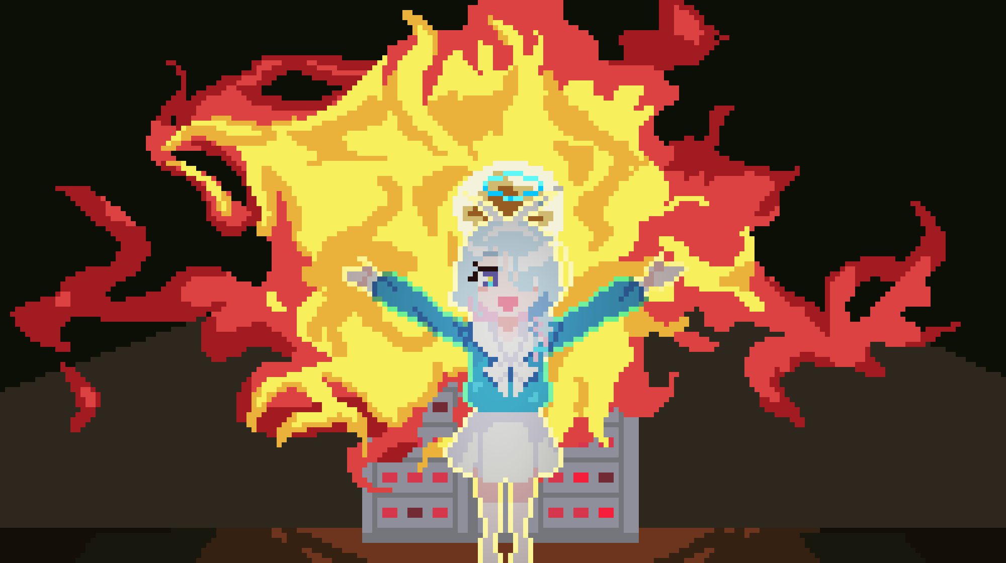1girl, arona_(blue_archive), artificial_intelligence, blackredhat, blue_archive, explosion, fire, halo