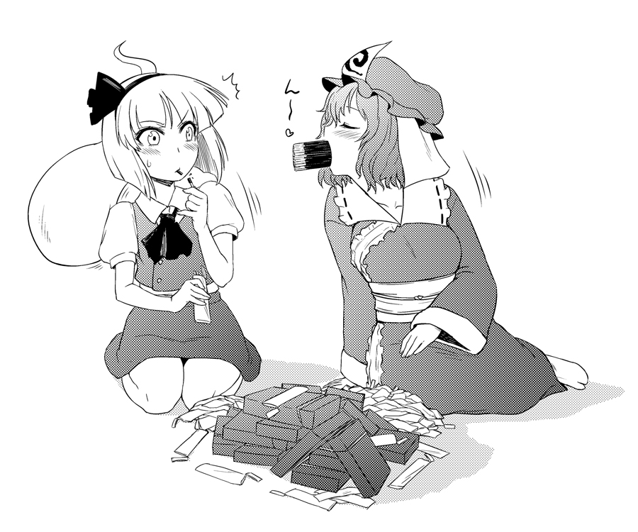 2girls, blush, bob_cut, closed_eyes, frown, full_mouth, gentlemen, hair_ribbon
