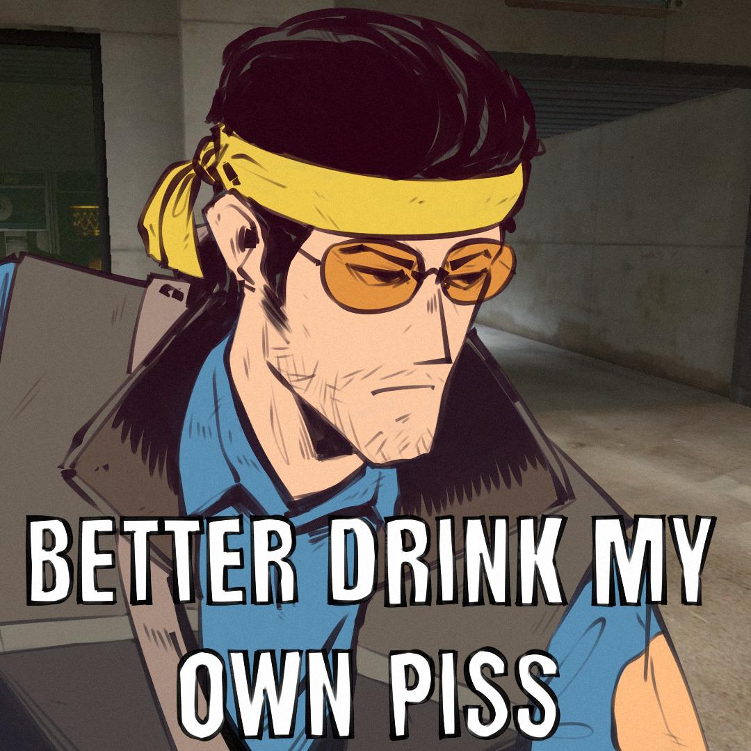 1boy, bandana, beard_stubble, black-framed_eyewear, black_hair, black_vest, blu_sniper_(tf2), blue_shirt, collared_shirt, commentary, english_commentary, english_text, facial_hair, fujimna, image_macro_(meme), impact_(font), indoors, light_frown, looking_to_the_side, male_focus, meme, mustache_stubble, orange-tinted_eyewear, popped_collar, portrait, shirt, short_hair, sideburns, sniper_(tf2), solo, stubble, sunglasses, team_fortress_2, tinted_eyewear, vest, yellow_bandana
