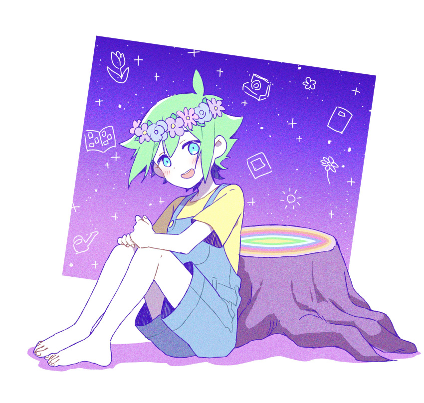 1boy, absurdres, barefoot, basil_(headspace)_(omori), basil_(omori), blue_overalls, blush, colored_skin
