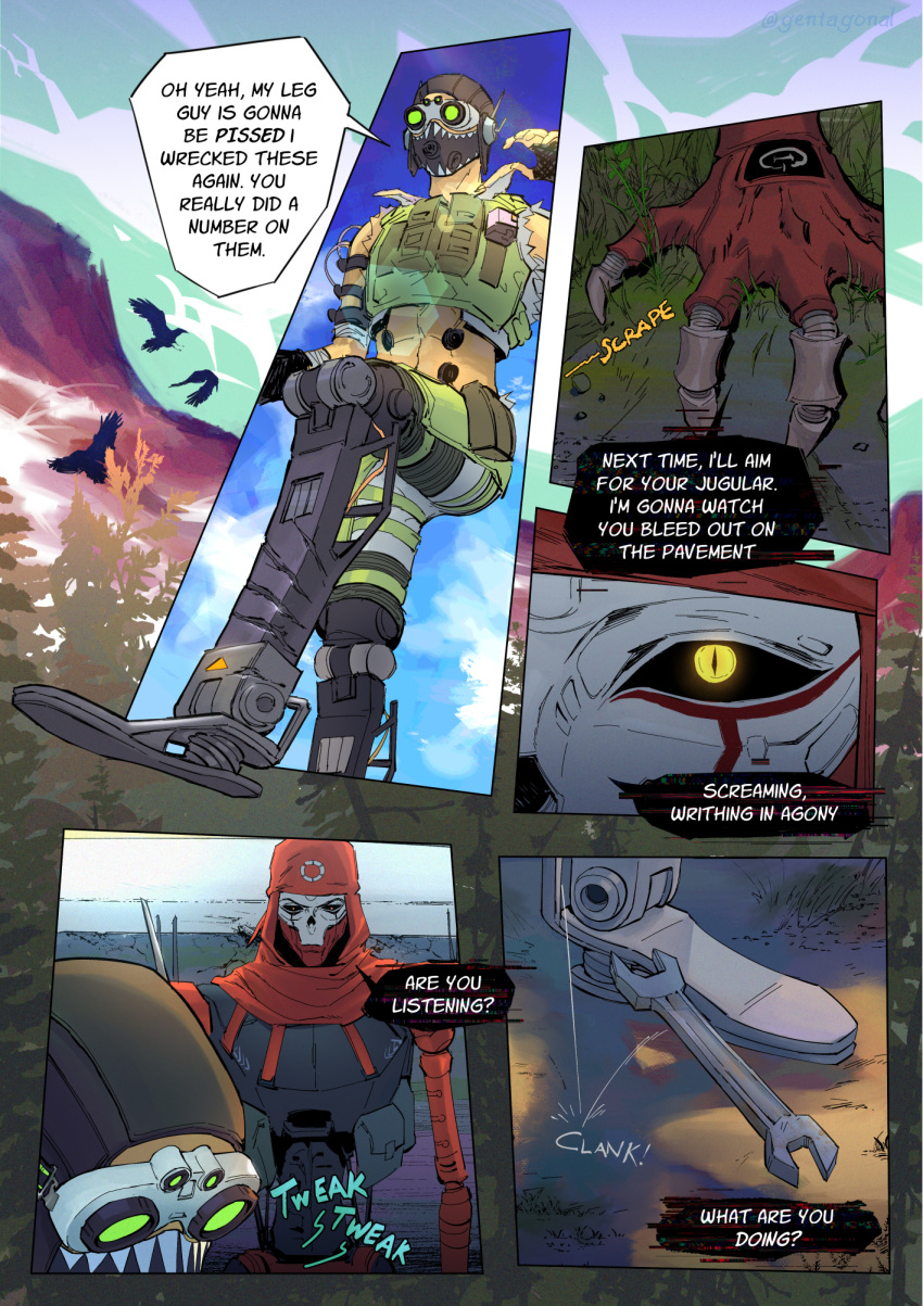 2boys, apex_legends, aviator_cap, bandana, black_gloves, black_hat, black_sclera, black_shirt
