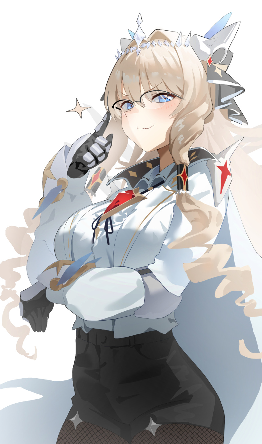 1girl, :3, absurdres, black_pantyhose, black_shorts, blonde_hair, blue_eyes, blush
