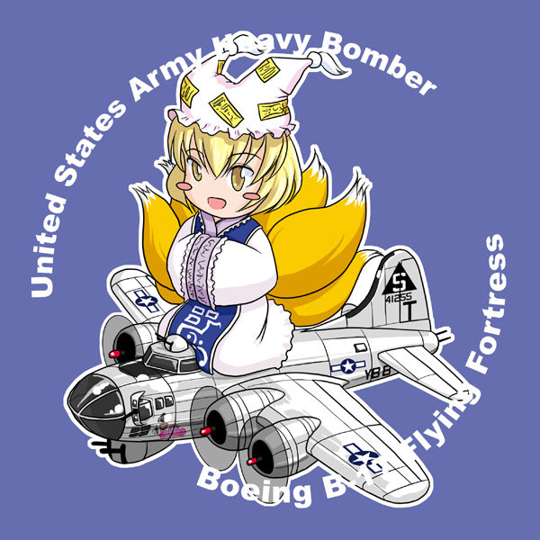 animal_ears, b-17, blonde_hair, blush_stickers, bomber, chibi, commentary, fox_ears