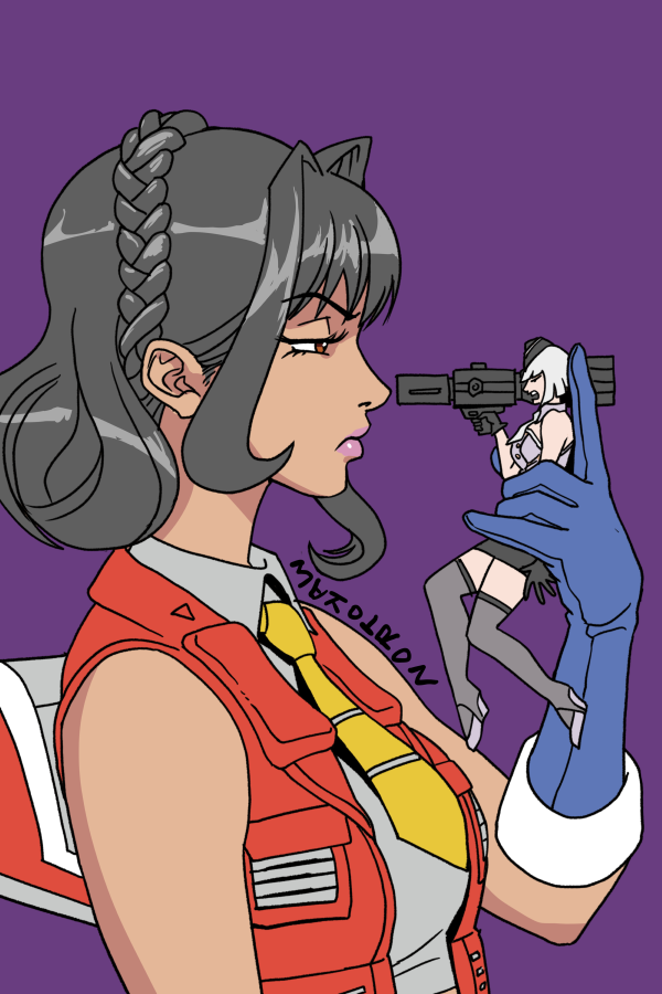 2girls, annoyed, black_hat, black_skirt, black_thighhighs, braid, breasts, collared_shirt, crown_braid, dark-skinned_female, dark_skin, detached_collar, from_side, frown, garrison_cap, grey_footwear, grey_hair, grey_shirt, hair_bun, hat, high_heels, holding_miniperson, kotobukiya_bishoujo, makoto_ono, medium_breasts, medium_hair, megatron, megatron_(kotobukiya_bishoujo), multiple_girls, necktie, open_mouth, pencil_skirt, purple_shirt, red_eyes, red_vest, shirt, short_hair, single_hair_bun, skirt, sleeveless, sleeveless_shirt, starscream, starscream_(kotobukiya_bishoujo), strapless, strapless_shirt, thigh-highs, transformers, v-shaped_eyebrows, vest, yellow_necktie