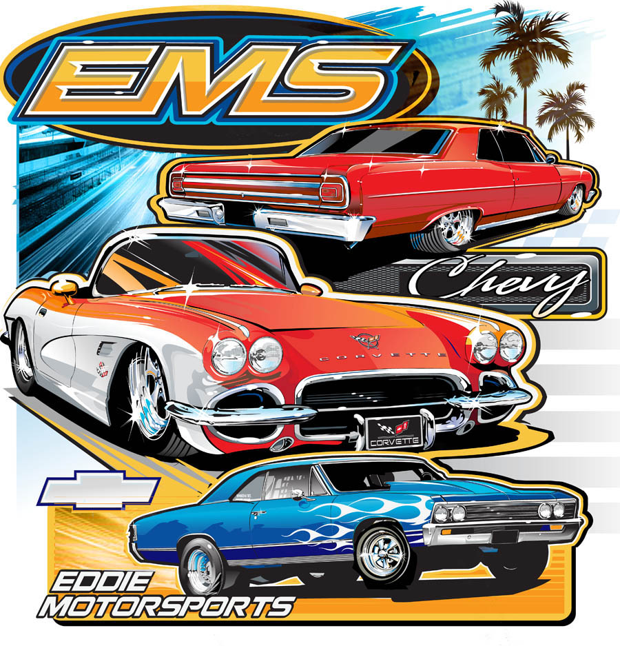 adobe_illustrator_(medium), blue_car, car, chevrolet, chevrolet_corvette, chevrolet_corvette_c1, convertible, flame_print