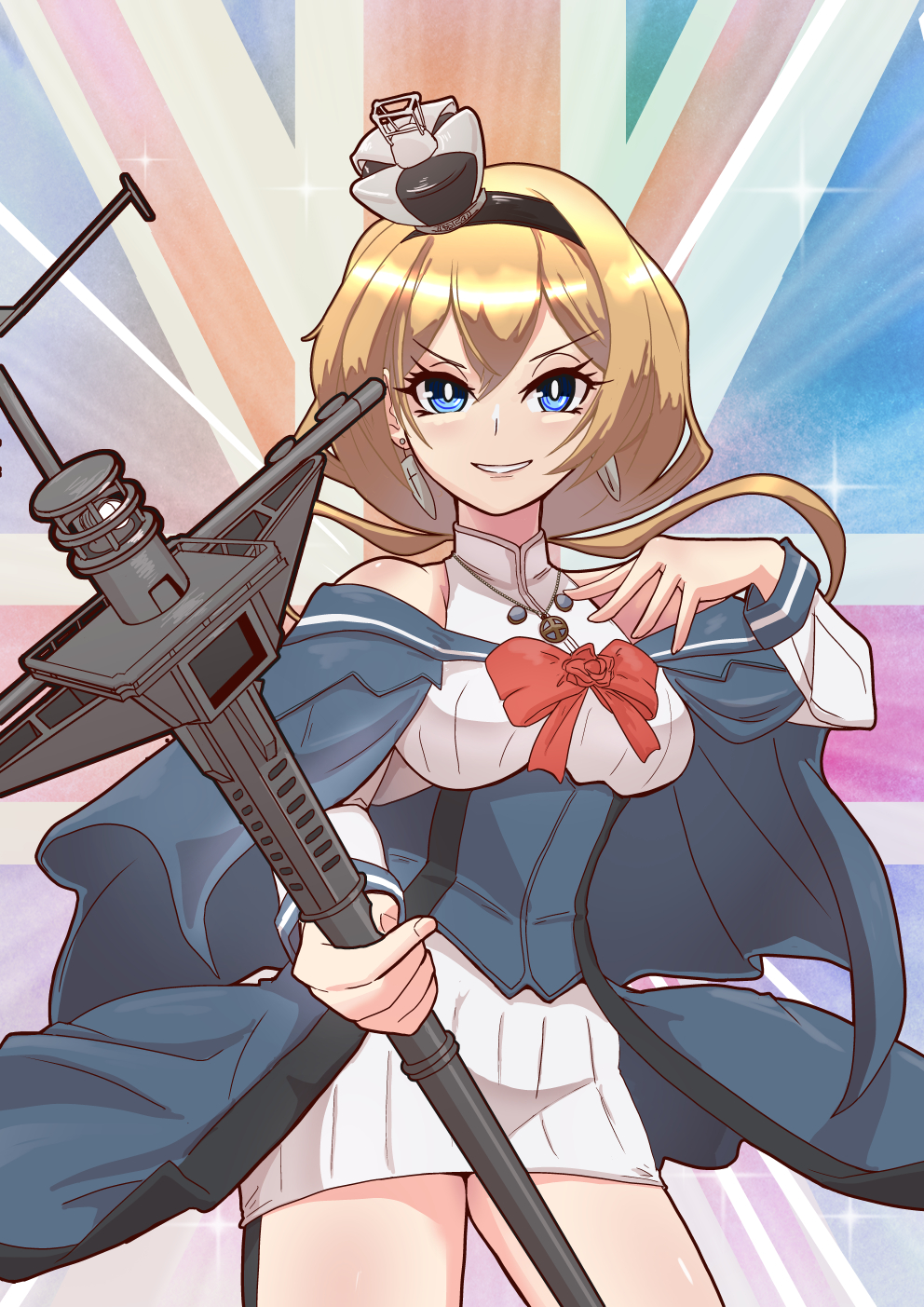 1girl, blonde_hair, blue_eyes, blue_overskirt, breasts, cowboy_shot, crown, dress