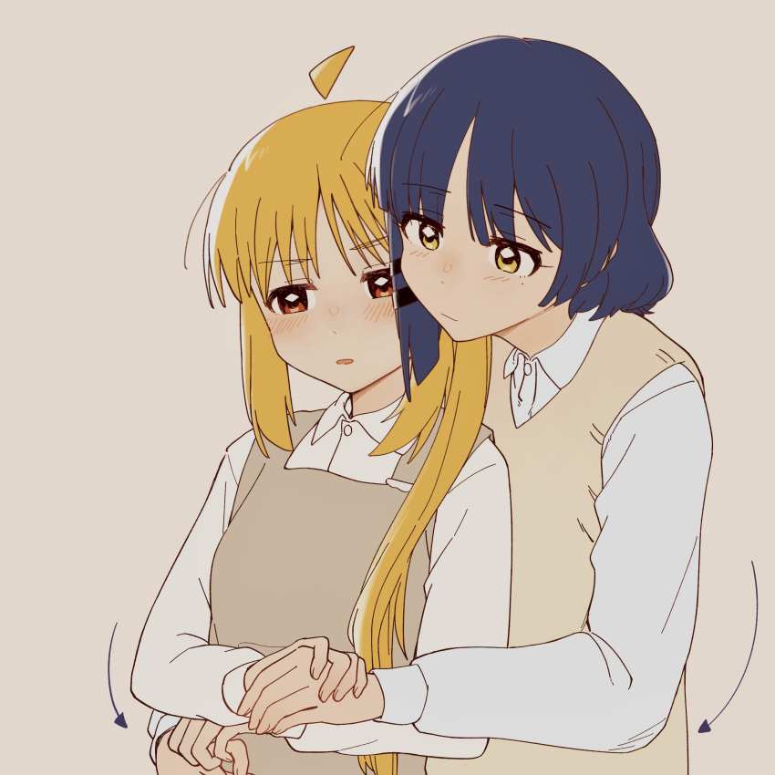 2girls, absurdres, ahoge, blonde_hair, blue_hair, blush, bocchi_the_rock!, brown_sweater_vest
