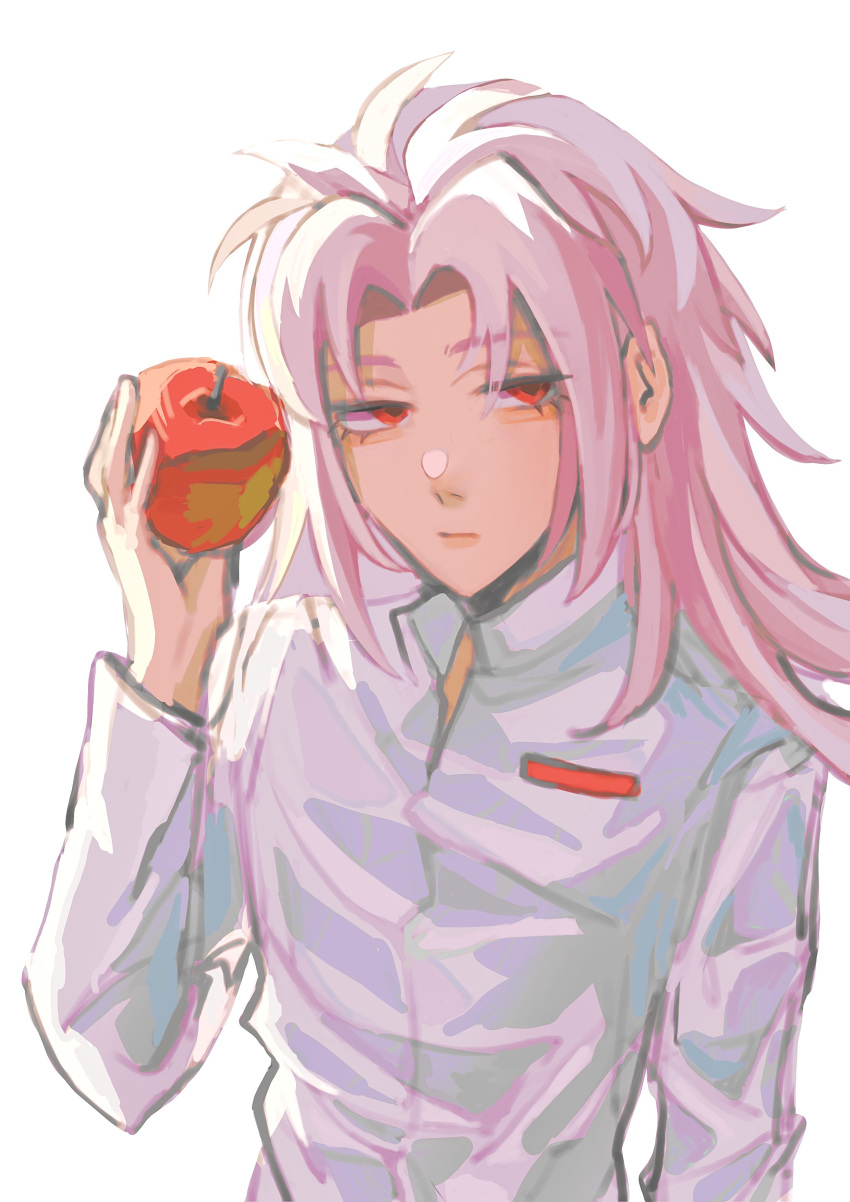 1boy, absurdres, apple, closed_mouth, commentary, food, fruit, hand_up
