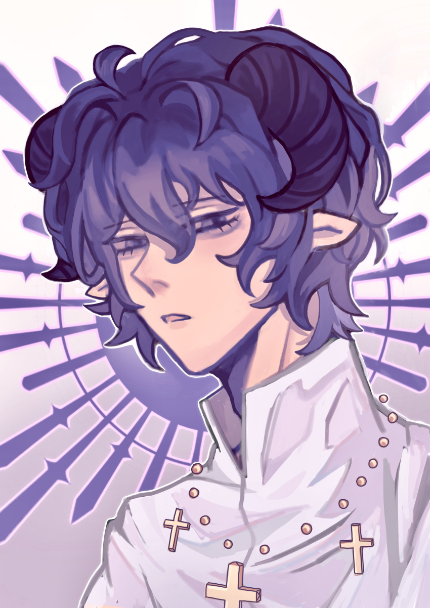 1boy, absurdres, black_horns, blue_eyes, blue_hair, chinese_commentary, commentary_request, cross