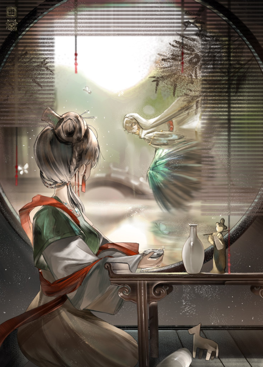 1boy, 1girl, arch_bridge, bird_wings, black_hair, blurry, blurry_background, bottle