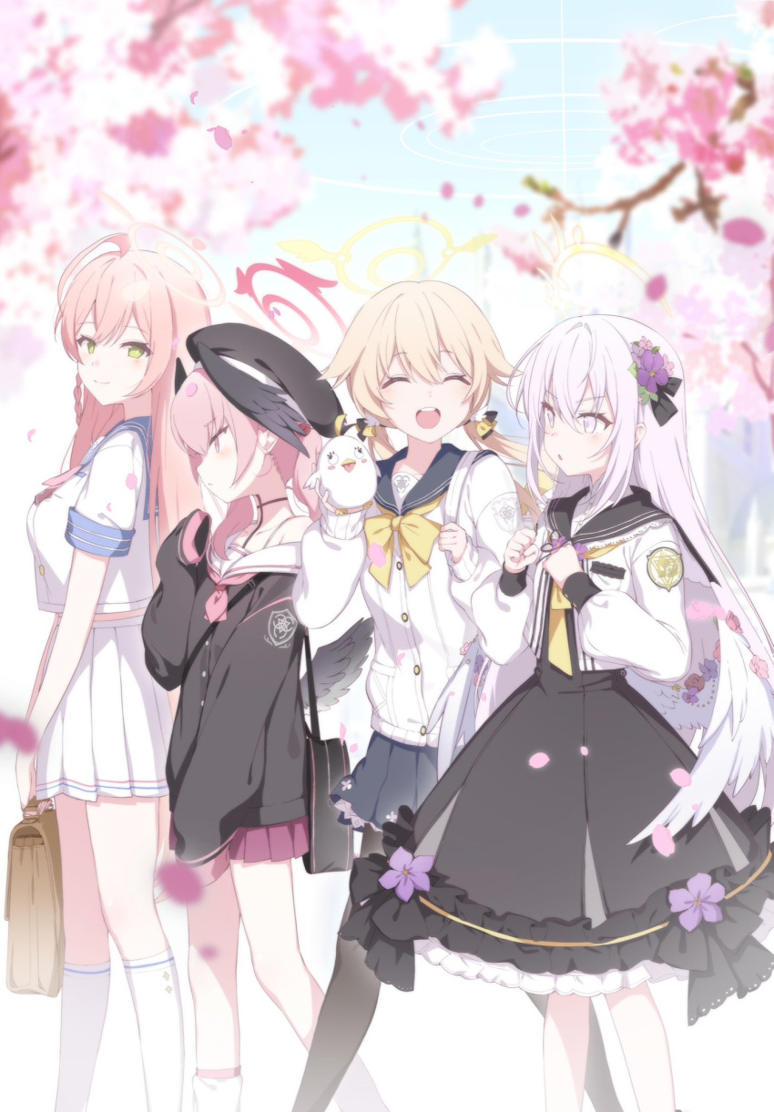 4girls, ahoge, azusa_(blue_archive), bag, black_hat, black_pantyhose, black_wings, blonde_hair