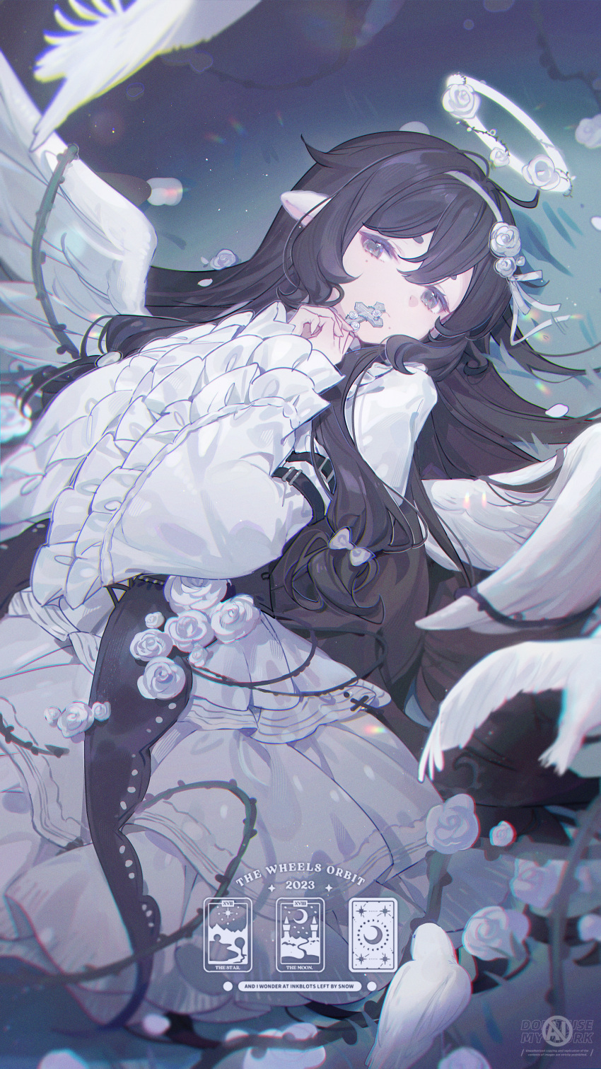 1girl, 2023, absurdres, ahoge, black_hair, commentary, covering_own_mouth, cowboy_shot
