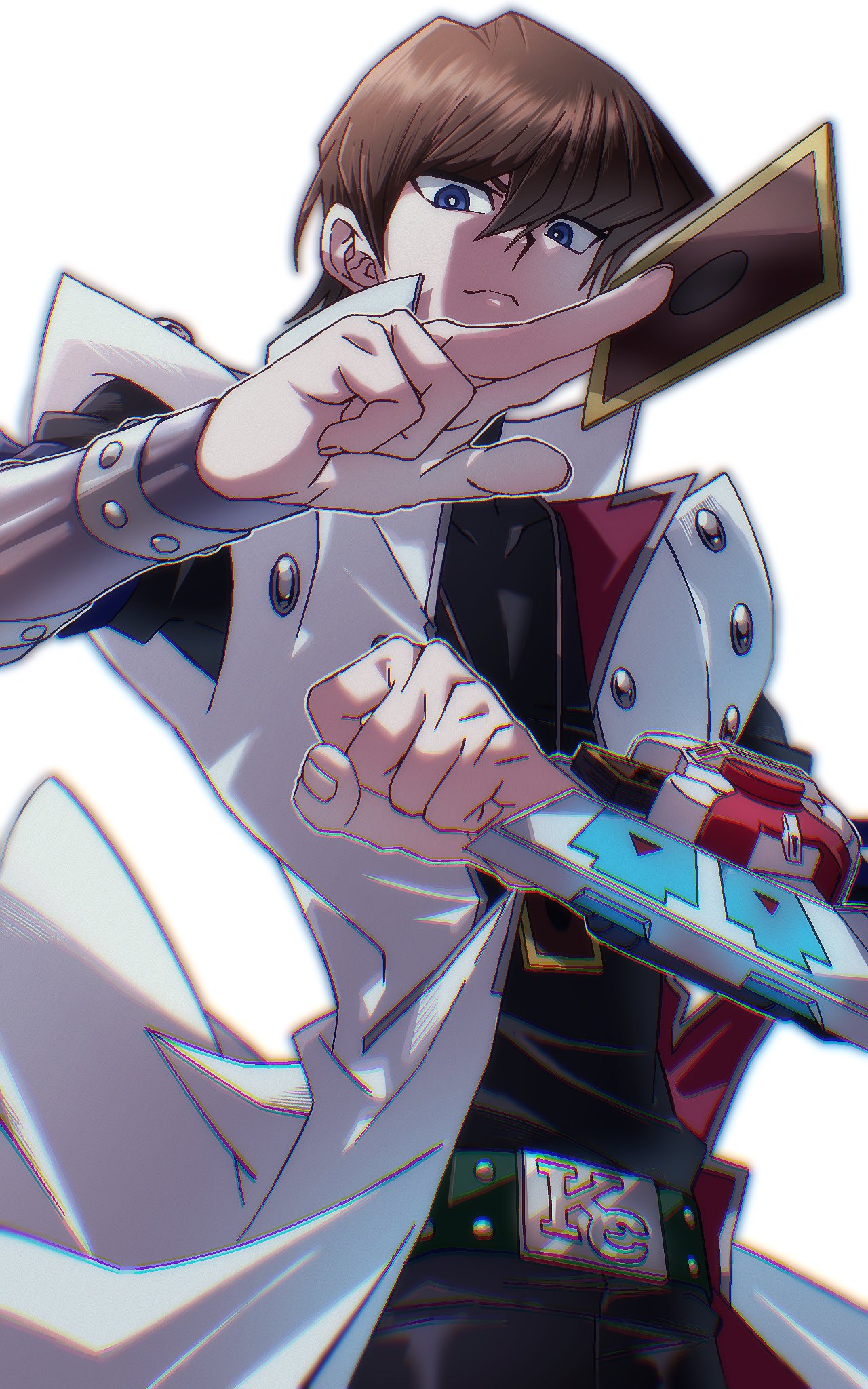 1boy, belt_buckle, black_shirt, blue_eyes, brown_hair, buckle, card, card_pendant