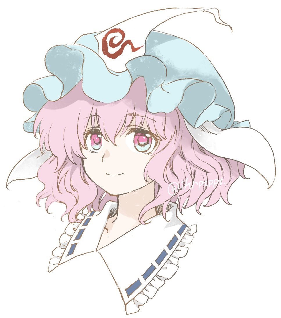 1girl, blue_hat, closed_mouth, commentary_request, hat, looking_at_viewer, mimi_(ikrptppt), mob_cap, pink_eyes, pink_hair, portrait, saigyouji_yuyuko, short_hair, simple_background, smile, solo, touhou, triangular_headpiece, white_background