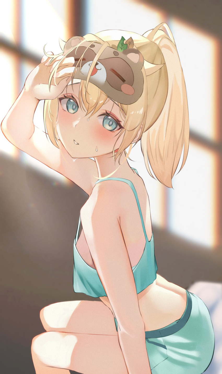1girl, absurdres, aqua_camisole, aqua_eyes, aqua_shorts, blonde_hair, blurry, blurry_background
