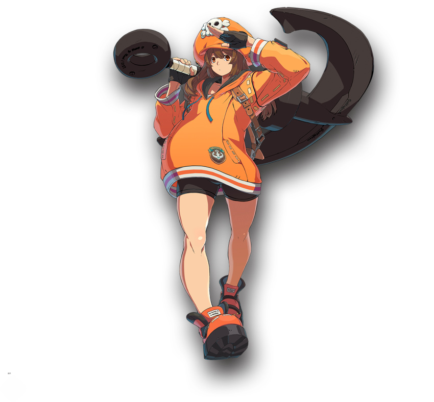 1girl, anchor, bike_shorts, brown_eyes, brown_hair, closed_mouth, fingerless_gloves, full_body