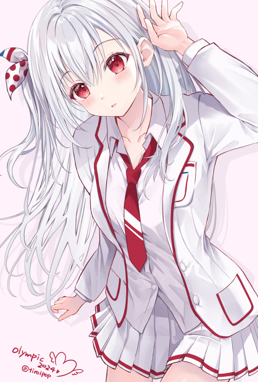 1girl, 2024, 2024_summer_olympics, arm_up, bow, french_flag_print, hair_between_eyes, hair_bow