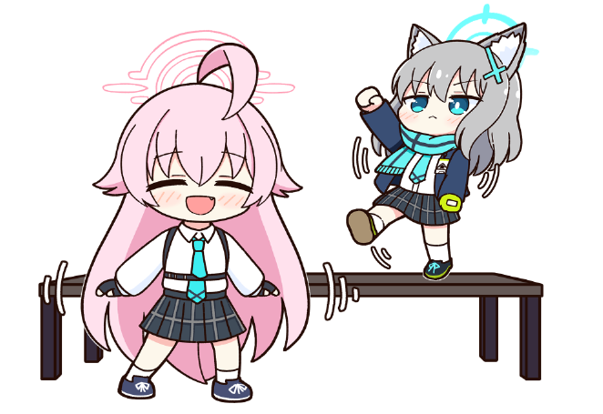 2girls, achilles_(yosshyachillesd), ahoge, animal_ear_fluff, animal_ears, aqua_necktie, aqua_scarf, black_gloves