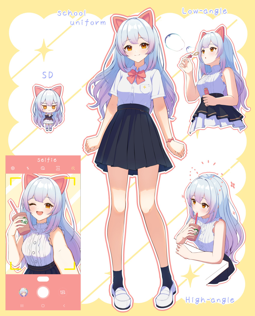 1girl, absurdres, air_bubble, animal_ears, black_skirt, blue_hair, blush, bow