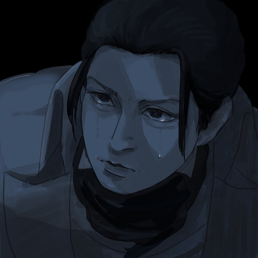 1boy, bags_under_eyes, black_background, black_hair, closed_mouth, crying, f_gbek, forehead