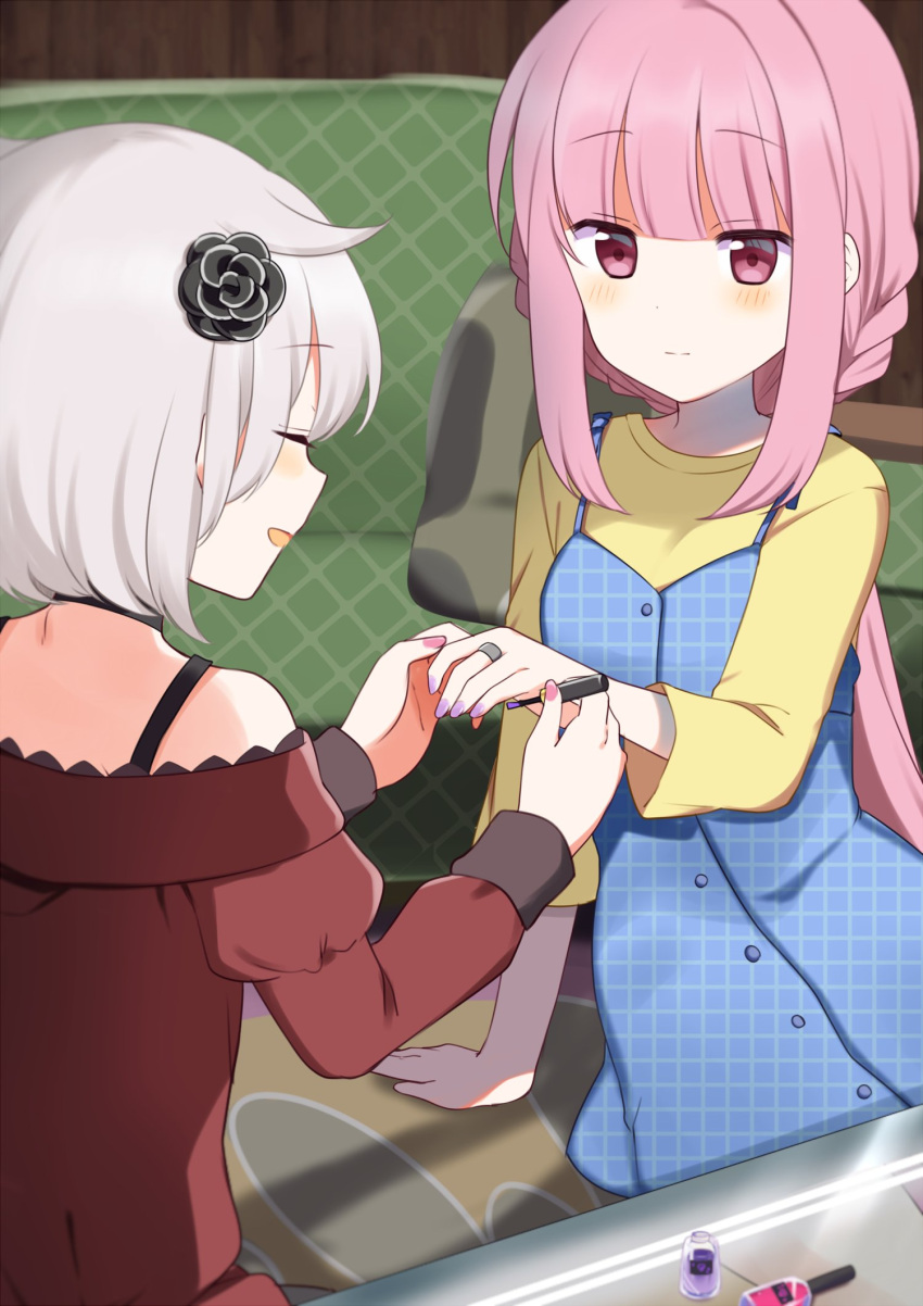 2girls, alternate_costume, applying_manicure, azusa_mifuyu, bare_shoulders, blue_dress, blunt_bangs, closed_eyes