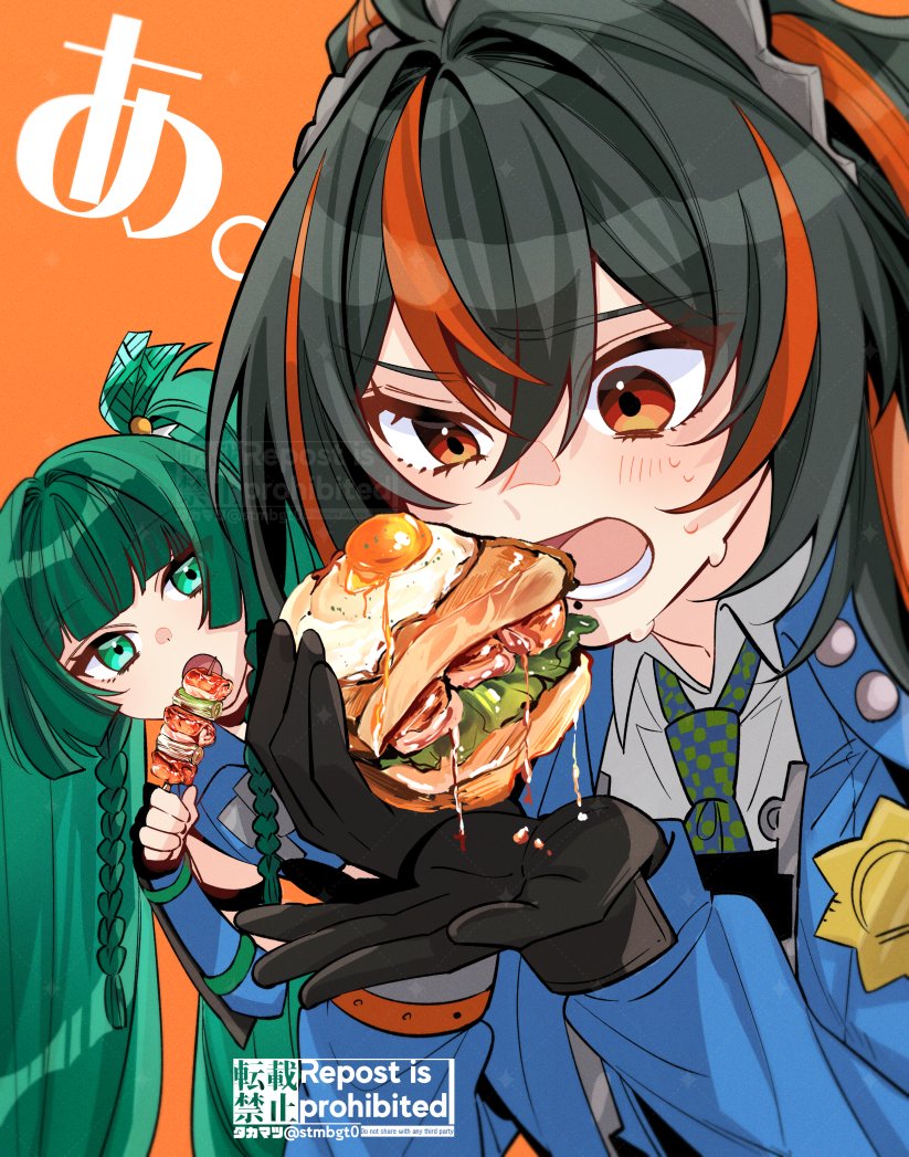 2girls, black_gloves, black_hair, blue_jacket, checkered_necktie, eating, food, gloves