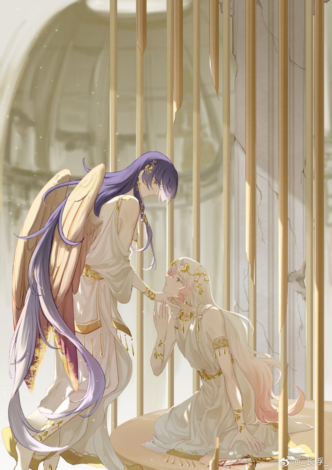 2boys, alternate_costume, anklet, armlet, backless_outfit, barefoot, belt, bird_wings