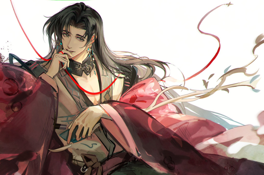 1boy, black_collar, black_eyes, black_hair, branch, chinese_clothes, coat, code:_kite