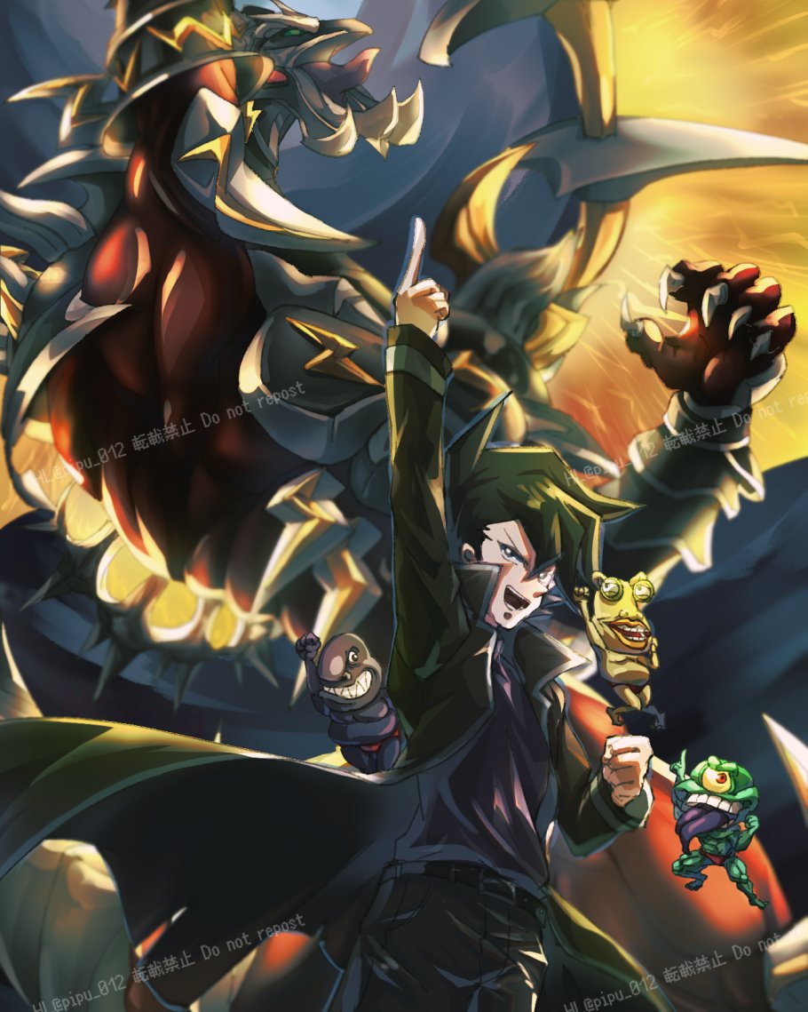 4boys, arm_up, armed_dragon, artist_logo, artist_name, black_coat, black_eyes, black_hair
