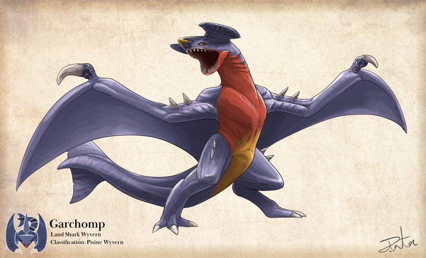 absurdres, character_name, crossover, dragon, english_text, fins, fish_tail, garchomp