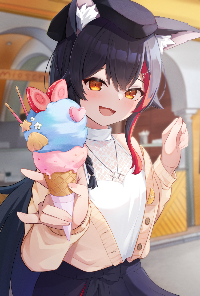 1girl, :d, \m/, absurdres, akuame_(ring3922), animal_ears, beret, black_beret